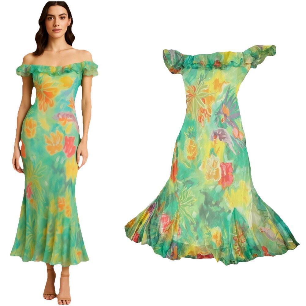 Ralph Lauren Collection Purple Label Floral Silk Slip Dress Midi Off Shoulder 6